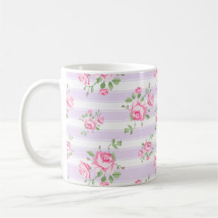 Classic Pink Rose and Stripe Cottage Core Coffee Mug