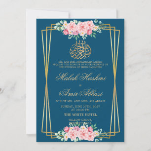 Classic Pink Rose Blue Islamic Muslim wedding Invitation