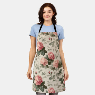Classic Pink Rose Cream Floral Pattern Apron