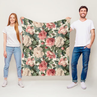 Classic Pink Rose Cream Floral Pattern Fleece Blanket