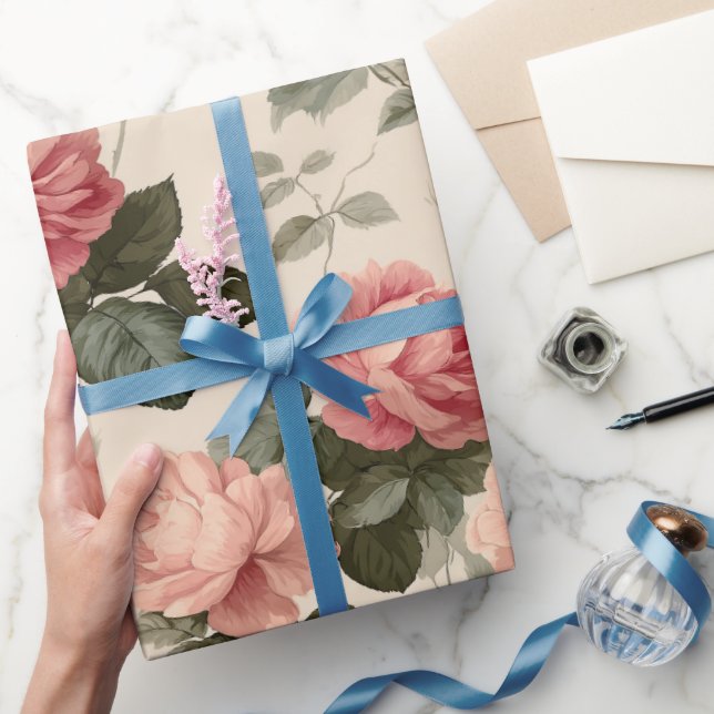 Classic Pink Rose Cream Floral Pattern Wrapping Paper (Gifting)