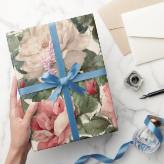 Classic Pink Rose Cream Floral Pattern Wrapping Paper