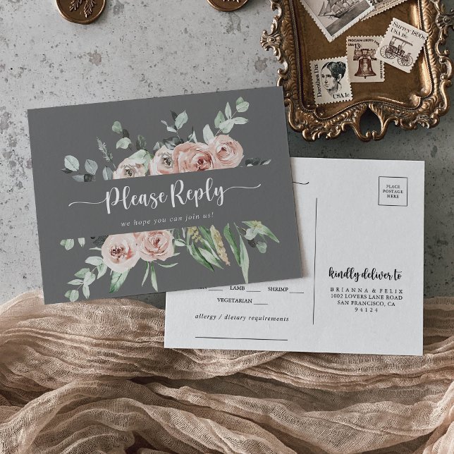 Classic Pink Rose Floral Grey Menu Choice RSVP  Postcard (Creator Uploaded)