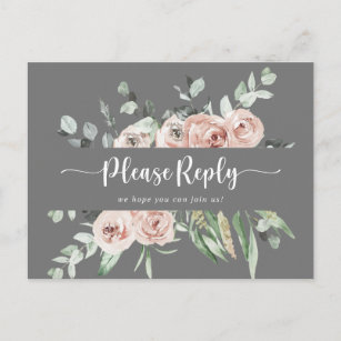 Classic Pink Rose Floral Grey Menu Choice RSVP  Postcard