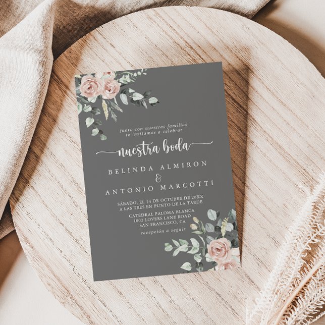 Classic Pink Rose Floral Grey Nuestra Boda   Invitation (Creator Uploaded)