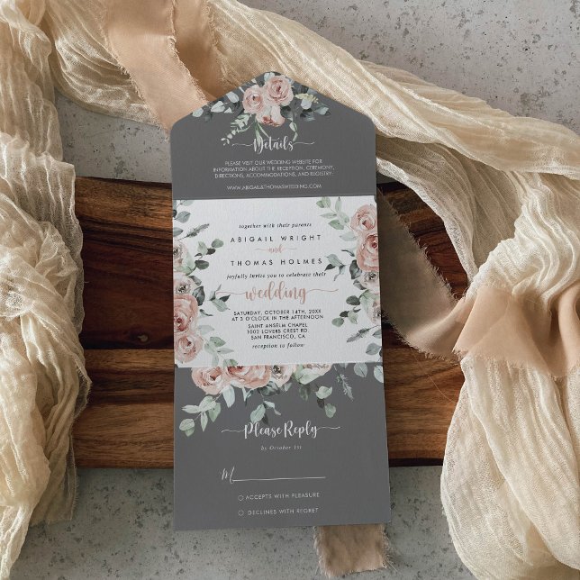 Classic Pink Rose Floral Grey Wedding  All In One Invitation (Creator Uploaded)