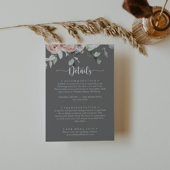 Classic Pink Rose Floral Grey Wedding Details  Enclosure Card (Creator Uploaded)
