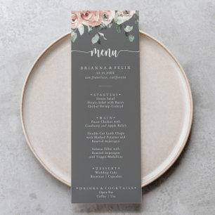 Classic Pink Rose Floral Grey Wedding Dinner  Menu