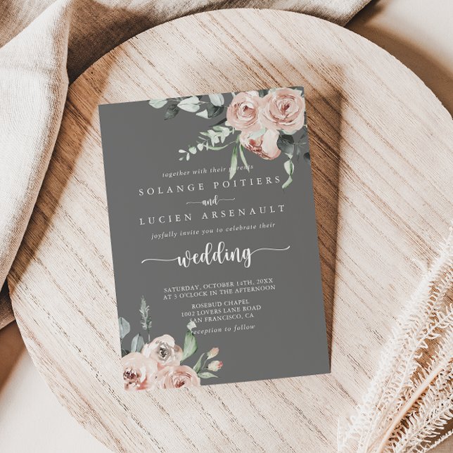 Classic Pink Rose Floral Grey Wedding    Invitation (Creator Uploaded)
