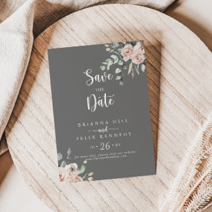 Classic Pink Rose Floral Grey Wedding Save The Date