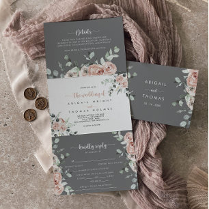 Classic Pink Rose Floral Grey Wedding  Tri-Fold Invitation