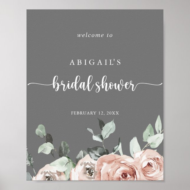 Classic Pink Rose Grey Bridal Shower Welcome  Poster (Front)