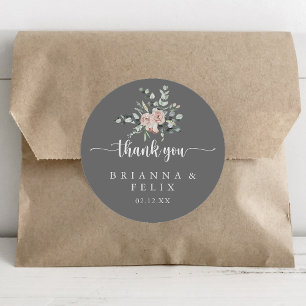 Classic Pink Rose Grey Thank You Wedding Favour    Round Sticker