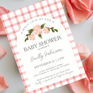 Classic Pink Roses Gingham Girl Baby Shower Invitation