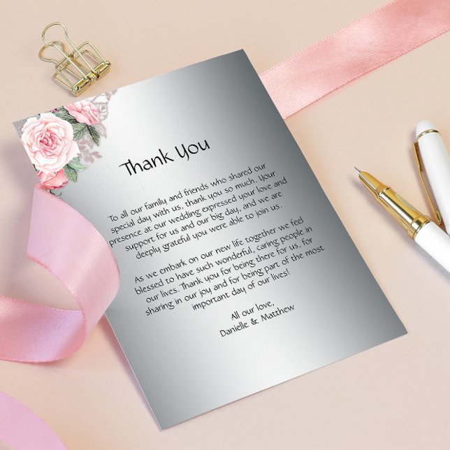 Classic Pink Roses on Silver Wedding  Thank You Card (Creator Uploaded)