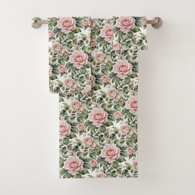 Classic Pink Roses & Sage Leaves Bath Towel Set (Insitu)