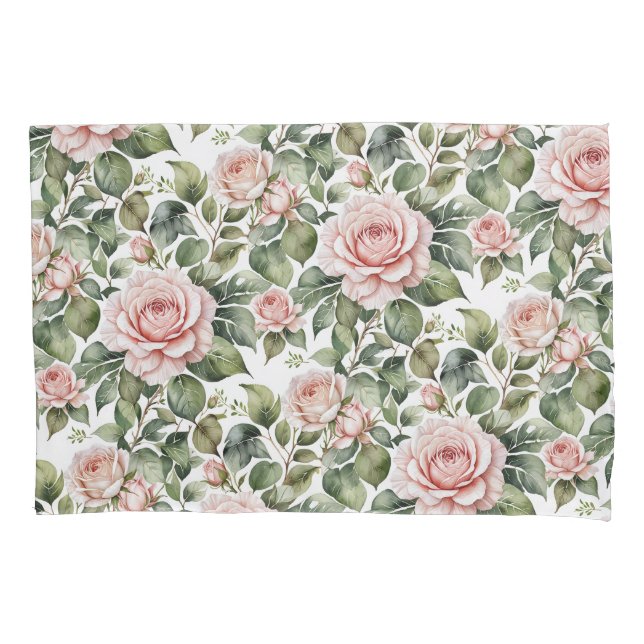 Classic Pink Roses & Sage Leaves Pillowcase (Front)