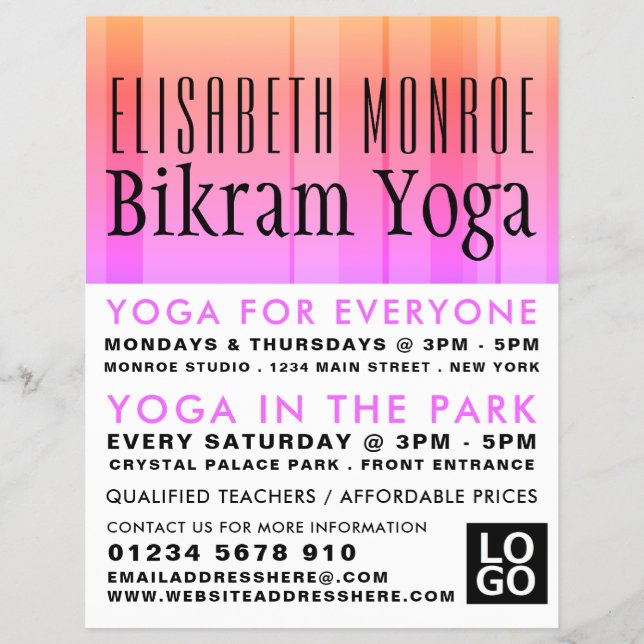 Classic Pink Striped Bikram Yoga Class Advertising Flyer (Front)