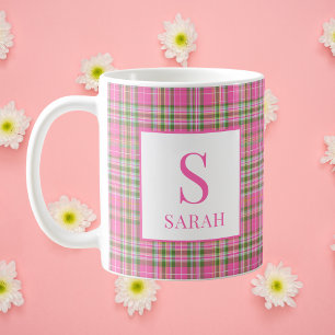 Classic Pink Tartan Plaid Monogram Name Coffee Mug