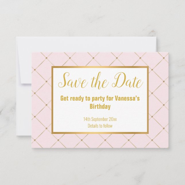 CLASSIC PINK WHITE GOLD DIAMOND  SAVE THE DATE RSVP CARD (Front)