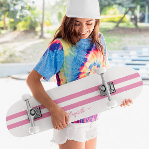 Classic Pink White Racing Stripes Girly Monogram Skateboard