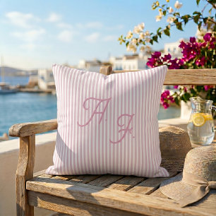 Classic Pink White Stripe Coastal Monogram Cushion