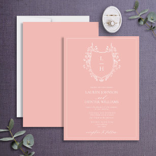 Classic Pink Wildflower Monogram Crest Wedding Invitation