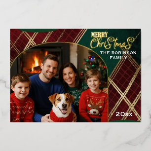 Classic Plaid Arch Photo Christmas Foil Card