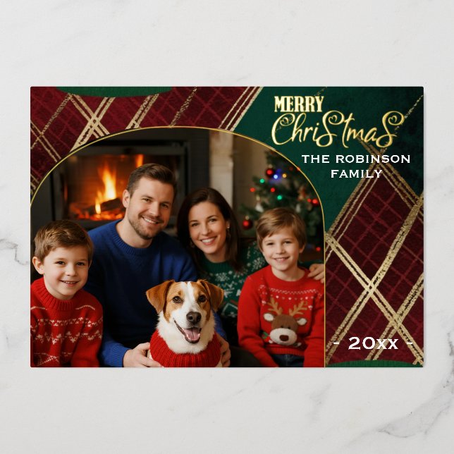 Classic Plaid Arch Photo Christmas Foil Card (Front)