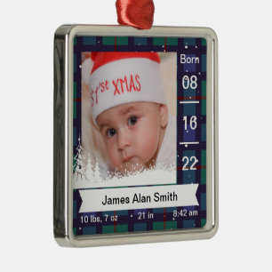 Classic Plaid Baby’s First Photo, Name, & Stats Metal Tree Decoration