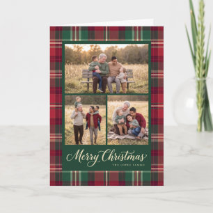 Classic Plaid Border Merry Christmas Photo Collage Holiday Card