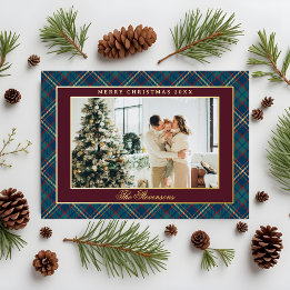 Classic Plaid Burgundy Red Photo Christmas Gold