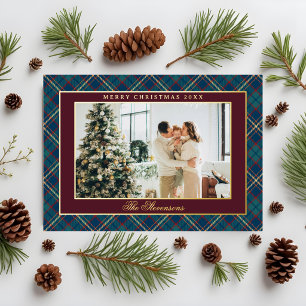 Classic Plaid Burgundy Red Photo Christmas Gold