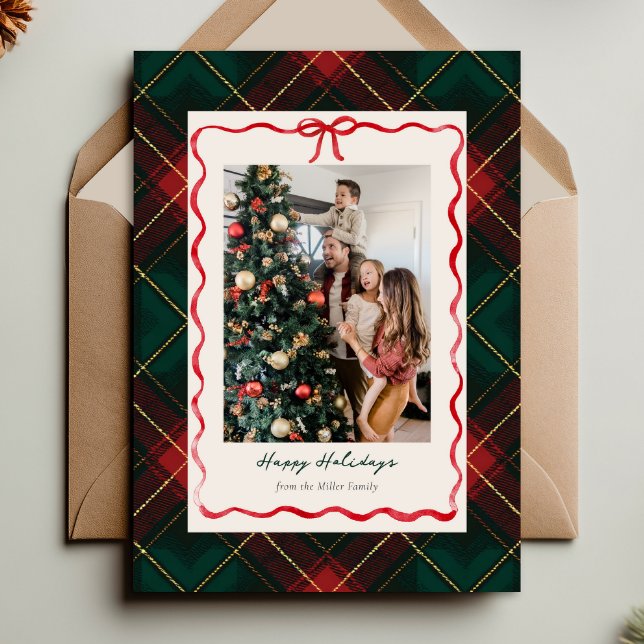 Classic Plaid Christmas Photo Card with Red Ribbon (Creator Uploaded)