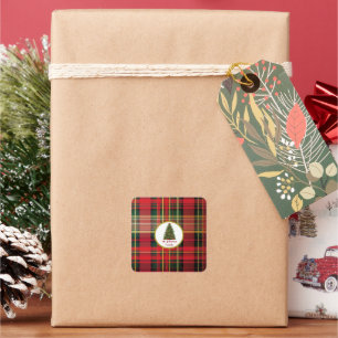Classic Plaid Christmas Tree Red and Green Square Sticker