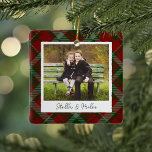 Classic Plaid Double Sided Personalised Photo Ceramic Ornament<br><div class="desc">A sweet double sided photo ornament displaying a favourite photo on each side,  on a festive red and green plaid background. Personalise with a custom caption on the front in handwritten lettering,  and add the year to the back.</div>