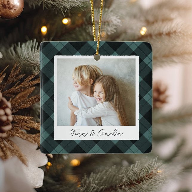 Classic Plaid Double Sided Personalised Photo Ceramic Ornament (Creator Uploaded)