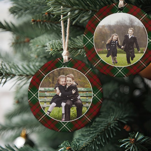 Classic Plaid Double-Sided Photo Christmas Ceramic Tree Decoration (Creator Uploaded)
