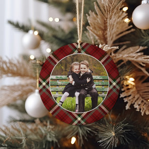 Classic Plaid Double-Sided Photo Christmas Ceramic Tree Decoration