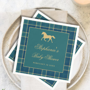 Classic Plaid Golden Horse Equestrian Baby Shower Napkin