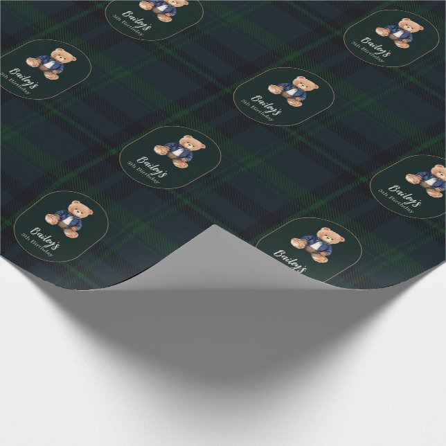 Classic Plaid Little Bear Birthday Wrapping Paper (Corner)