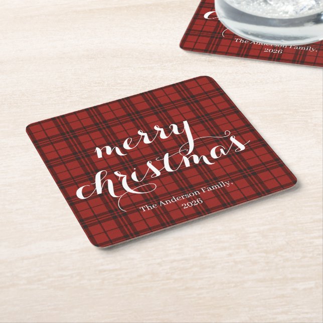 Classic Plaid Merry Christmas Festive -  Square Paper Coaster (Angled)