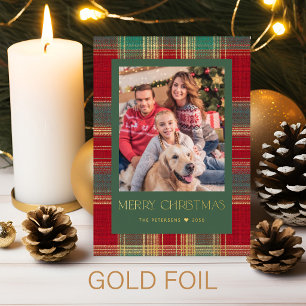 Classic plaid Merry Christmas photo green gold