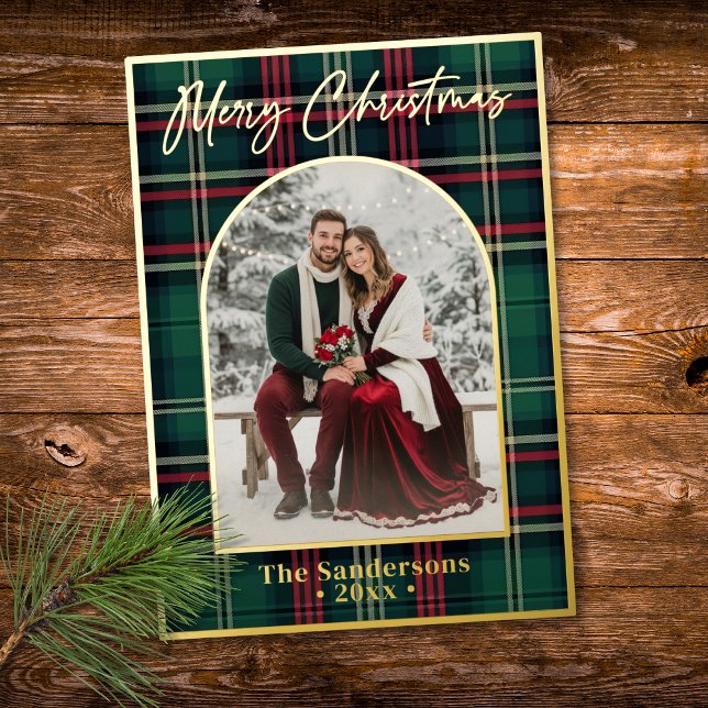 Classic Plaid Merry Christmas Script Arch Photo (Classic Red Plaid Merry Christmas Script Arch Photo Foil Holiday Card)