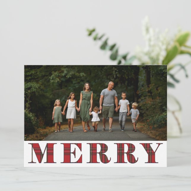 Classic Plaid Merry Typography Photo Holiday Card (Standing Front)