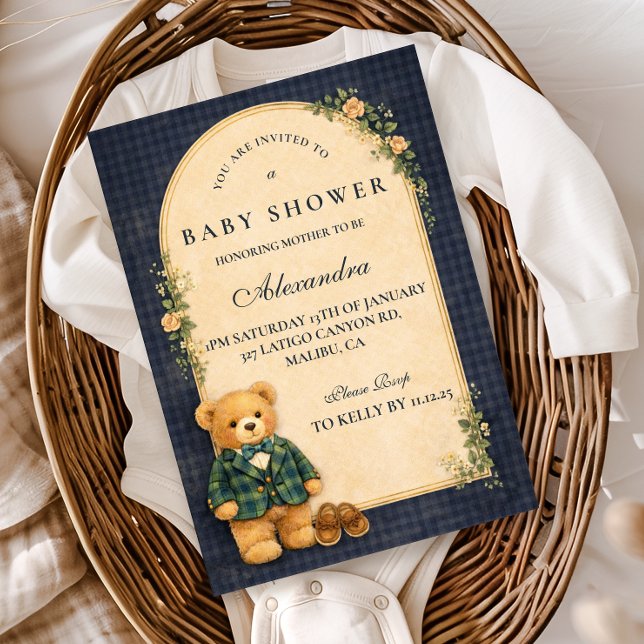 Classic Plaid Nursery Teddy Baby Shower Invitation (Creator Uploaded)
