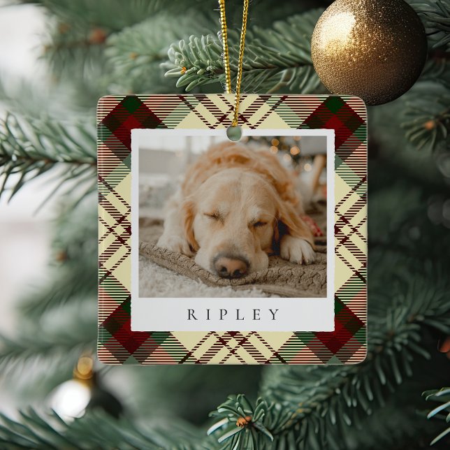 Classic Plaid Personalised Pet Dog Photo Ceramic Ornament (Creator Uploaded)