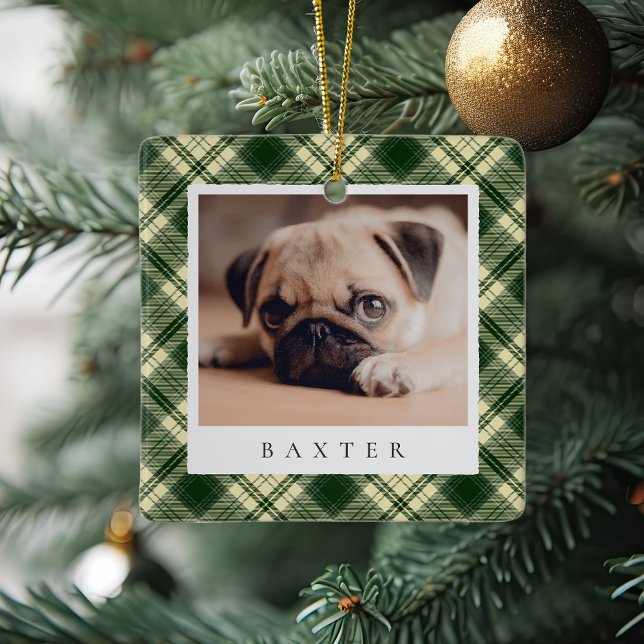 Classic Plaid Personalised Pet Dog Photo Ceramic Ornament (Creator Uploaded)