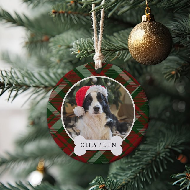Classic Plaid Personalised Pet Dog Photo & Name Ceramic Tree Decoration (Creator Uploaded)