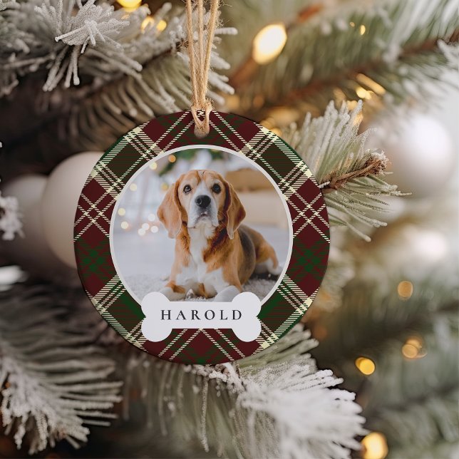 Classic Plaid Personalised Pet Dog Photo & Name Ceramic Tree Decoration (Creator Uploaded)